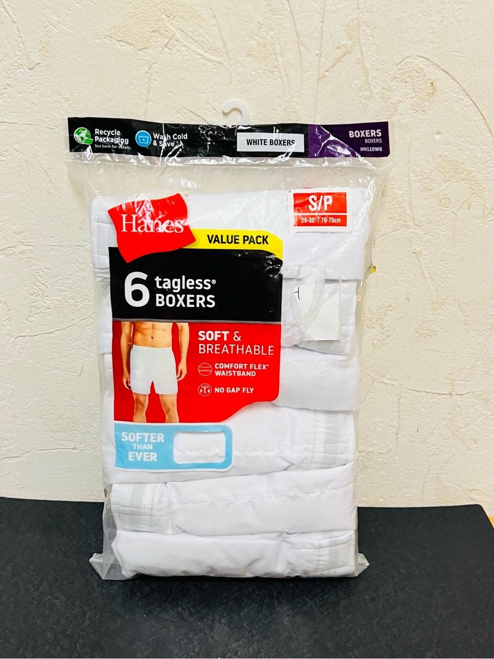 Hanes Men's 6-Pack White Tagless Boxers - Soft & Breathable Sz S